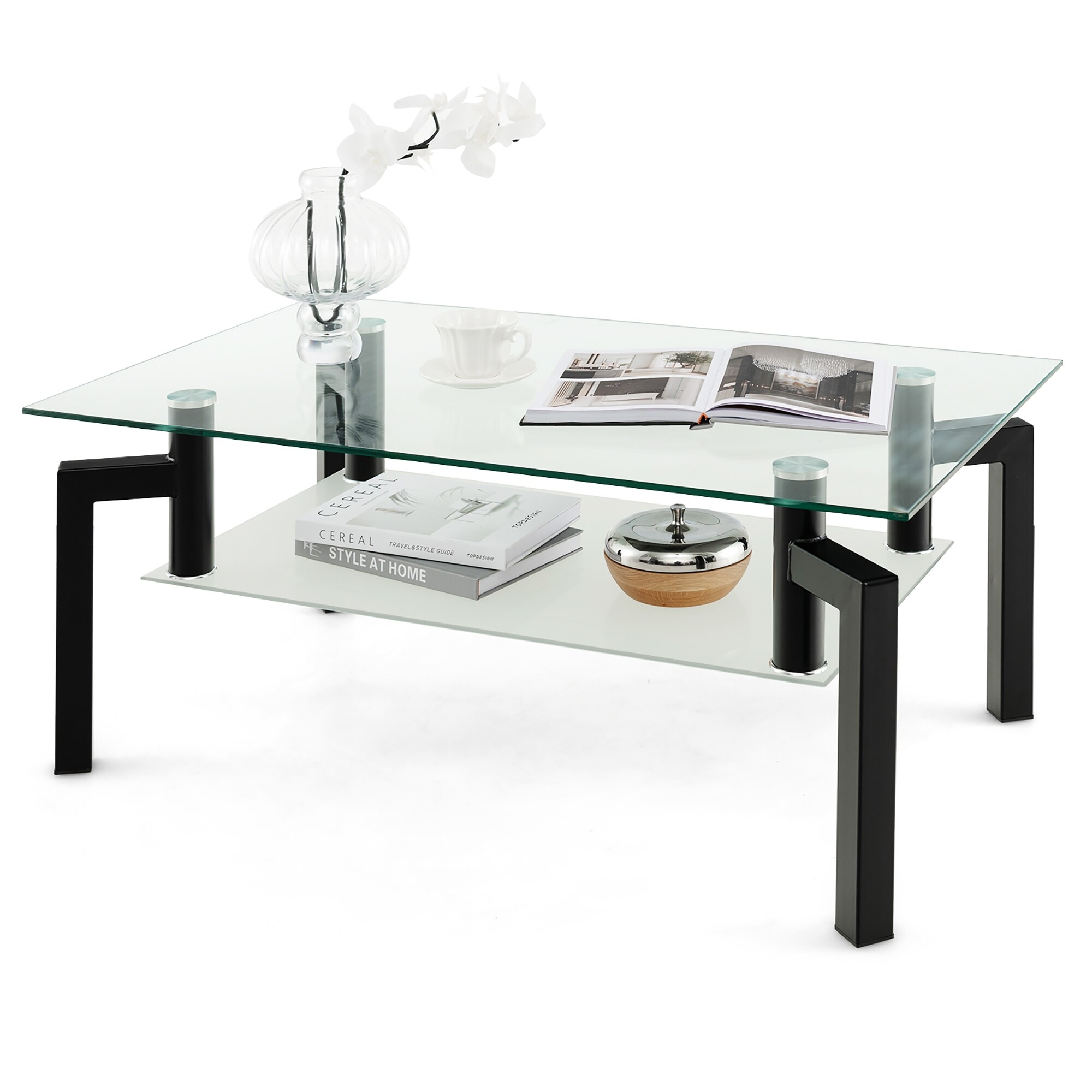 Gymax Glass Coffee Table 2-Tier Tempered Accent Table w/ Metal Tube - Mycitystee