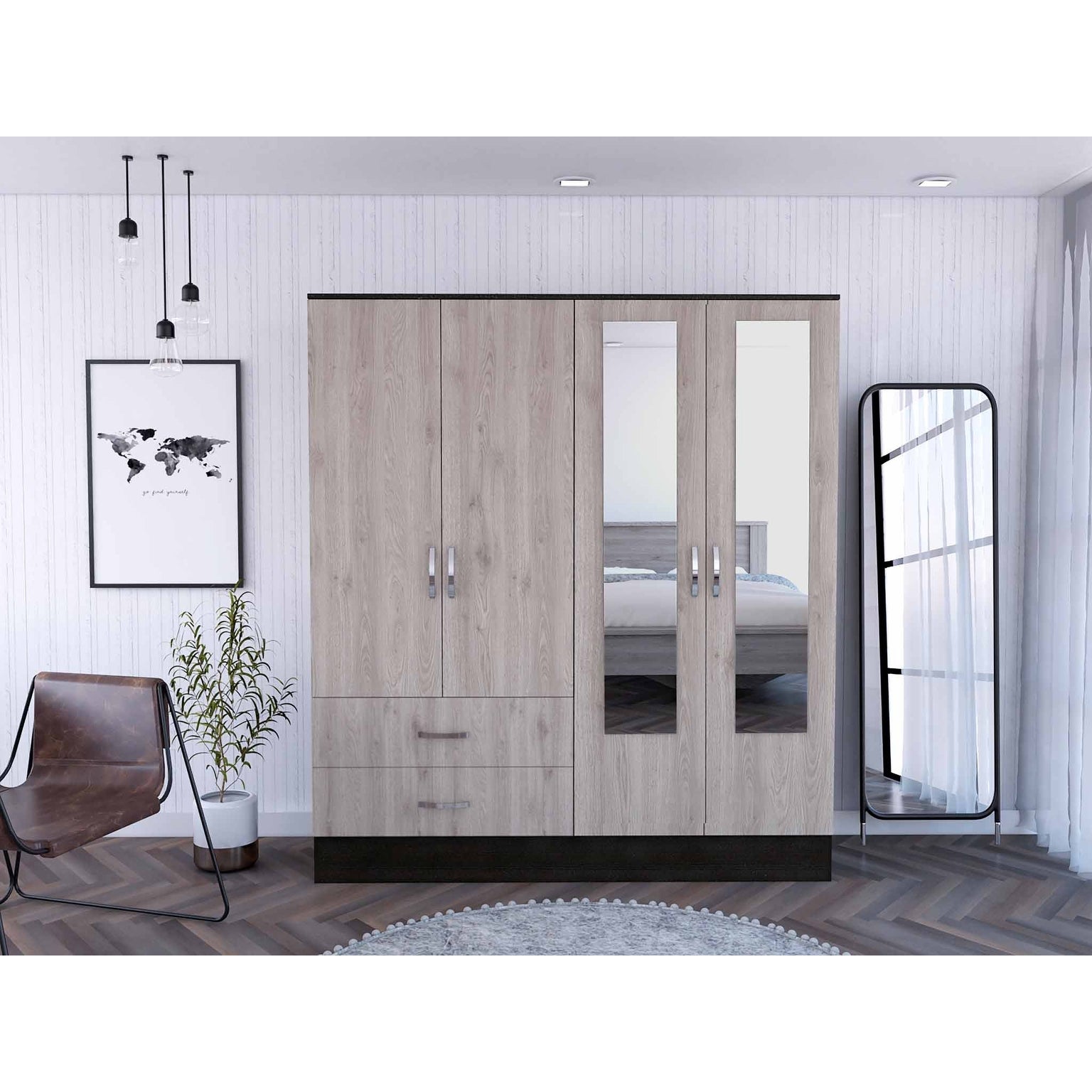 Light Oak and Black Four Door Wardrobe Closet with Mirrors - - 36743818 - Mycitystee