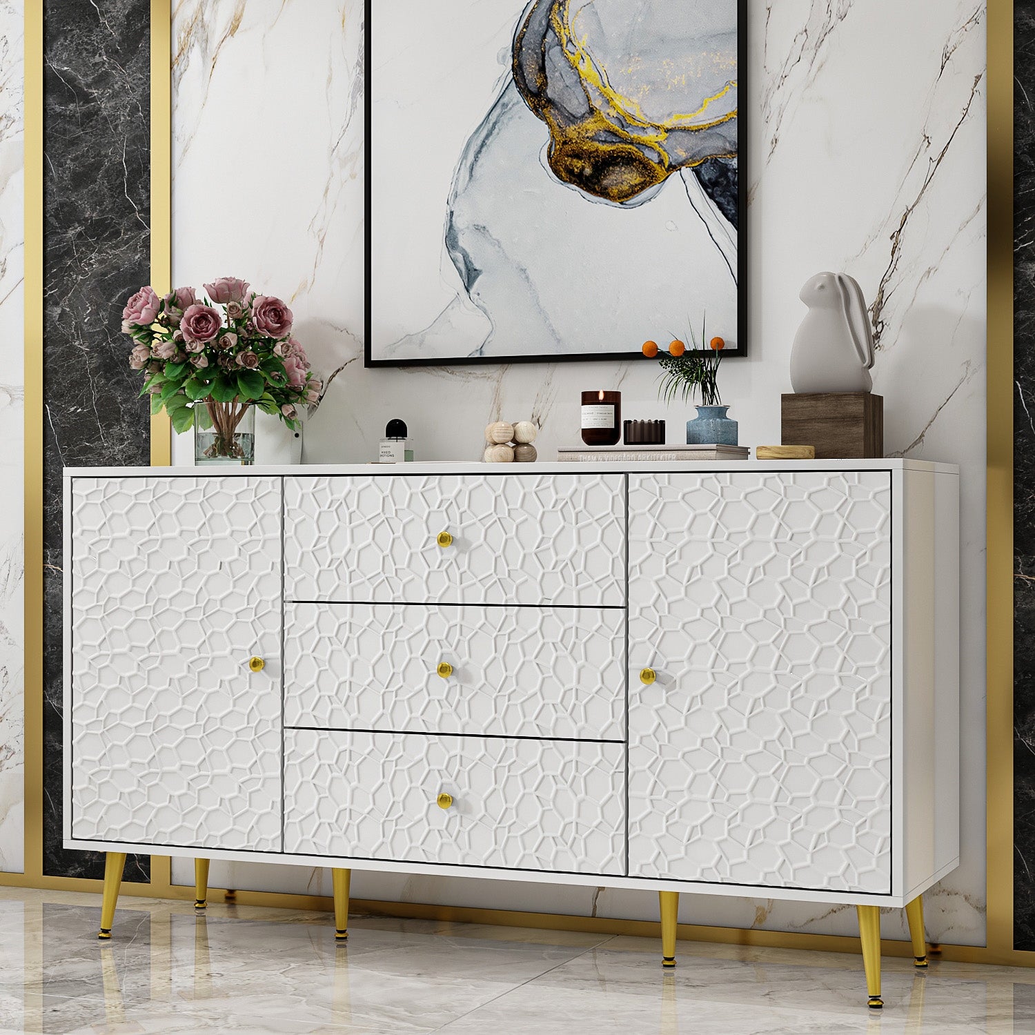 Chic End Table Dresser Accent Cabinet Buffet with 3 Drawers and 2 Doors - - 37497071 - Mycitystee