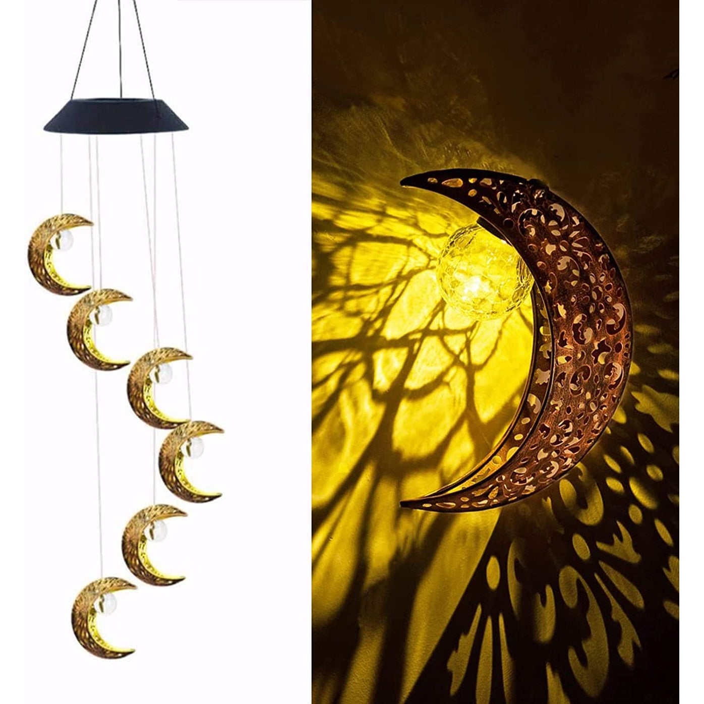 Solar Wind Chimes， Moon Garden Decoration Ironwork Light Outdoor Memorial Solar Powered Hanging LED Lights Wind Chimes - Mycitystee