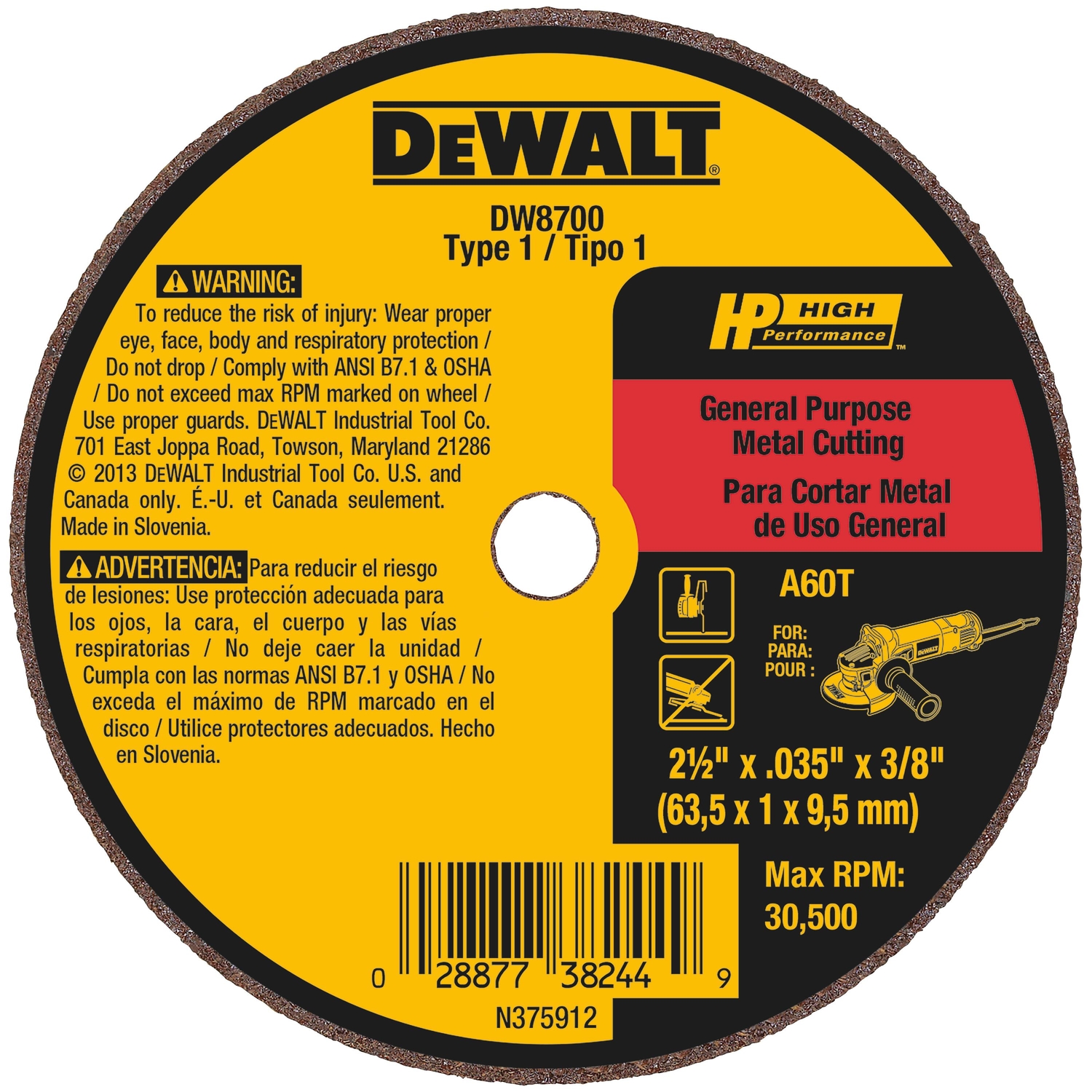 DeWalt 2-1/2 in. D X 3/8 in. Aluminum Oxide Cutting Wheel - Mycitystee