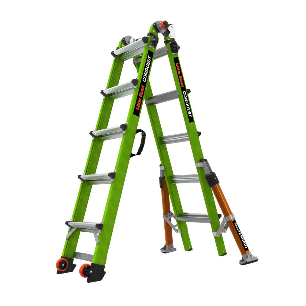 Conquest All-Terrain, Model 22 - ANSI Type 1A - 300 lb Rated - Fiberglass Articulated Extendable Ladder with Adjustable Outriggers, Accessory Ports, C - Mycitystee