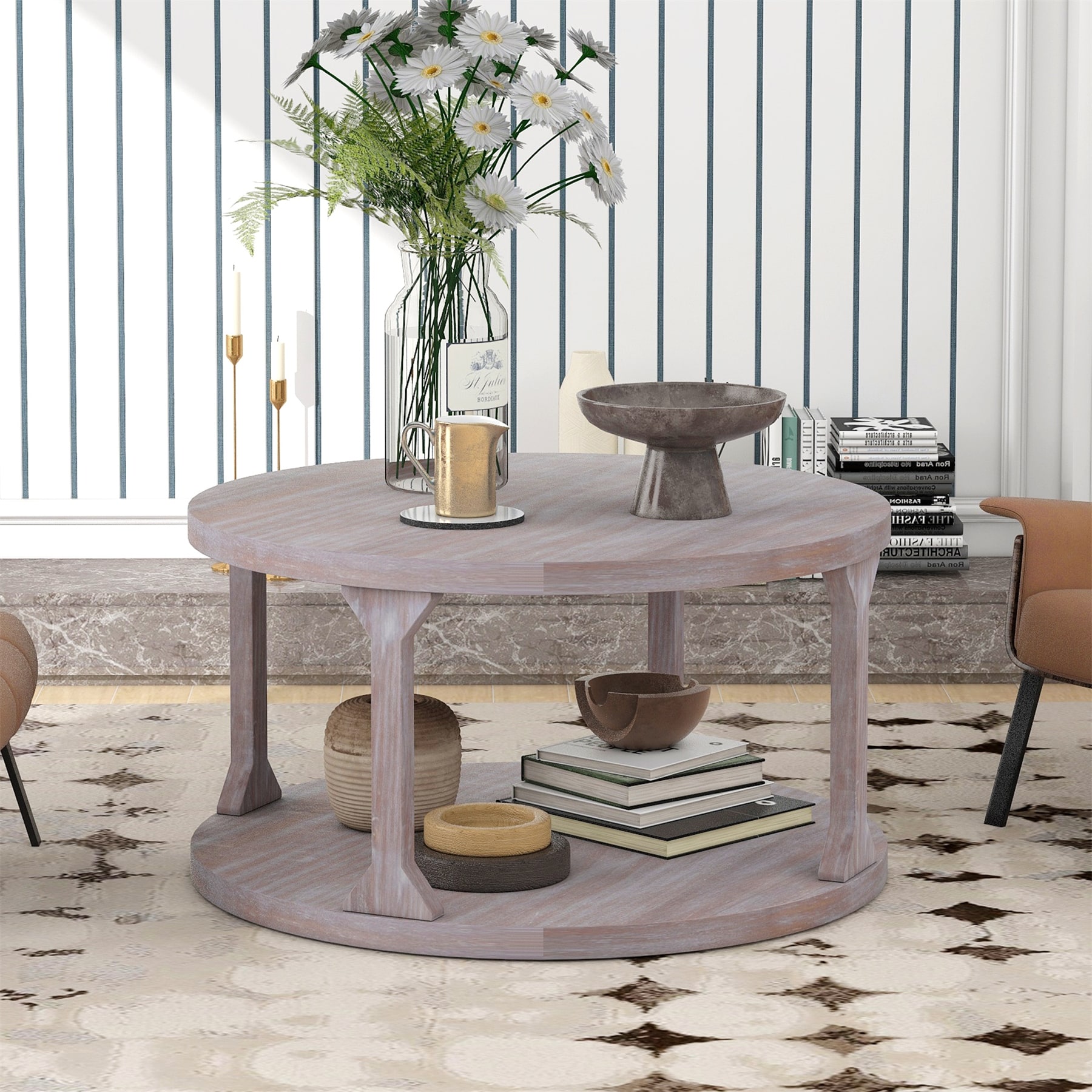 Round Rustic Wooden Coffee Table for Living Room - Mycitystee