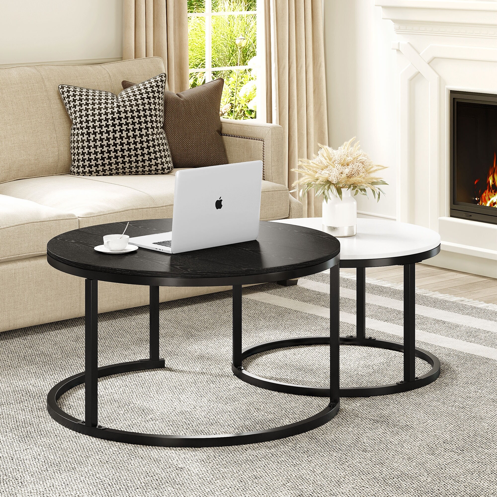 Modern Nesting Round Coffee Table Set of 2 for Living Room Black and White - Mycitystee