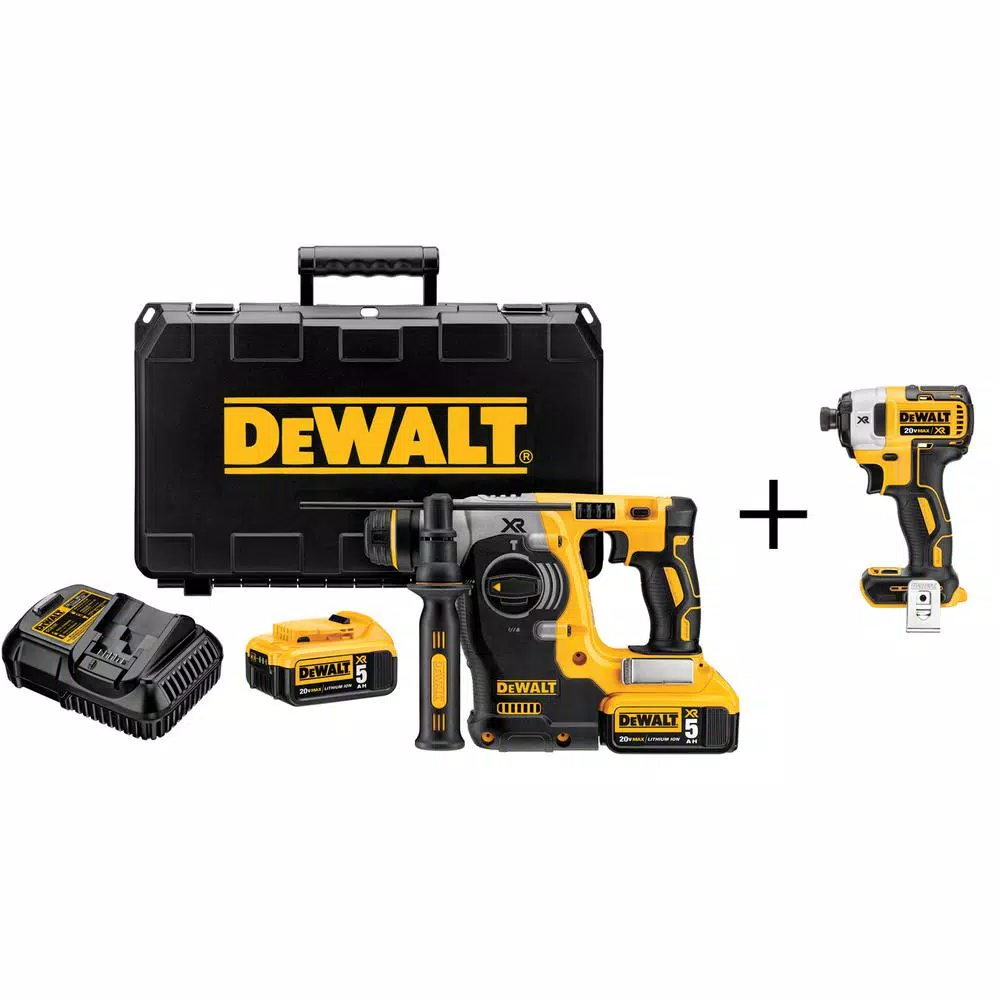DEWALT 20-Volt MAX XR Brushless 1 in. SDS Plus L-Shape Rotary Hammer， (2) 20-Volt 5.0Ah Batteries and 1/4 in. Impact Driver and#8211; XDC Depot - Mycitystee