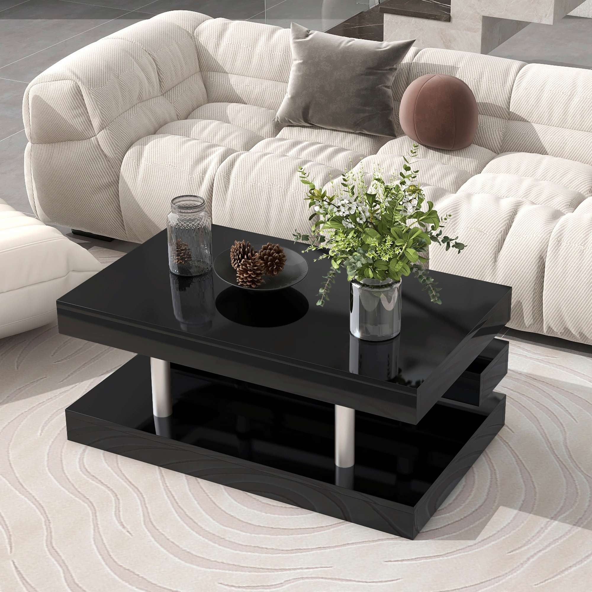 Modern 2-Tier Coffee Table with Silver Metal Legs - Mycitystee