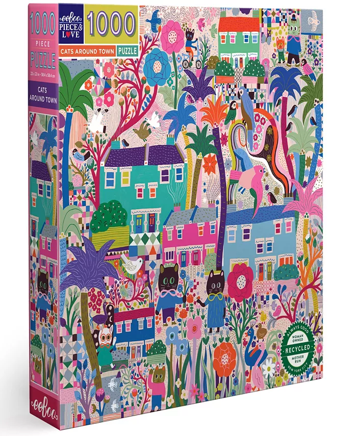 Eeboo Piece And Love Cats Around Town 1000 Piece Square Adult Jigsaw Puzzle Set， Ages 14 years and up - Mycitystee