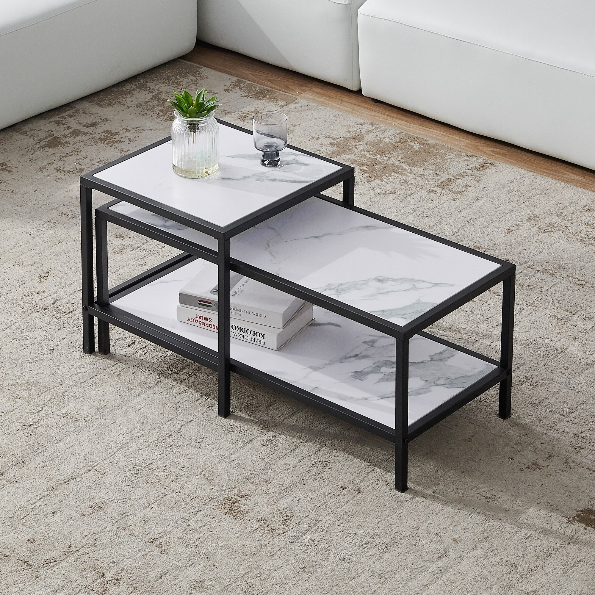 Modern Nesting coffee Table Square and Rectangle(2 pcs)， Black Metal Frame with Wood Marble Top， for Living Room Furniture - Mycitystee