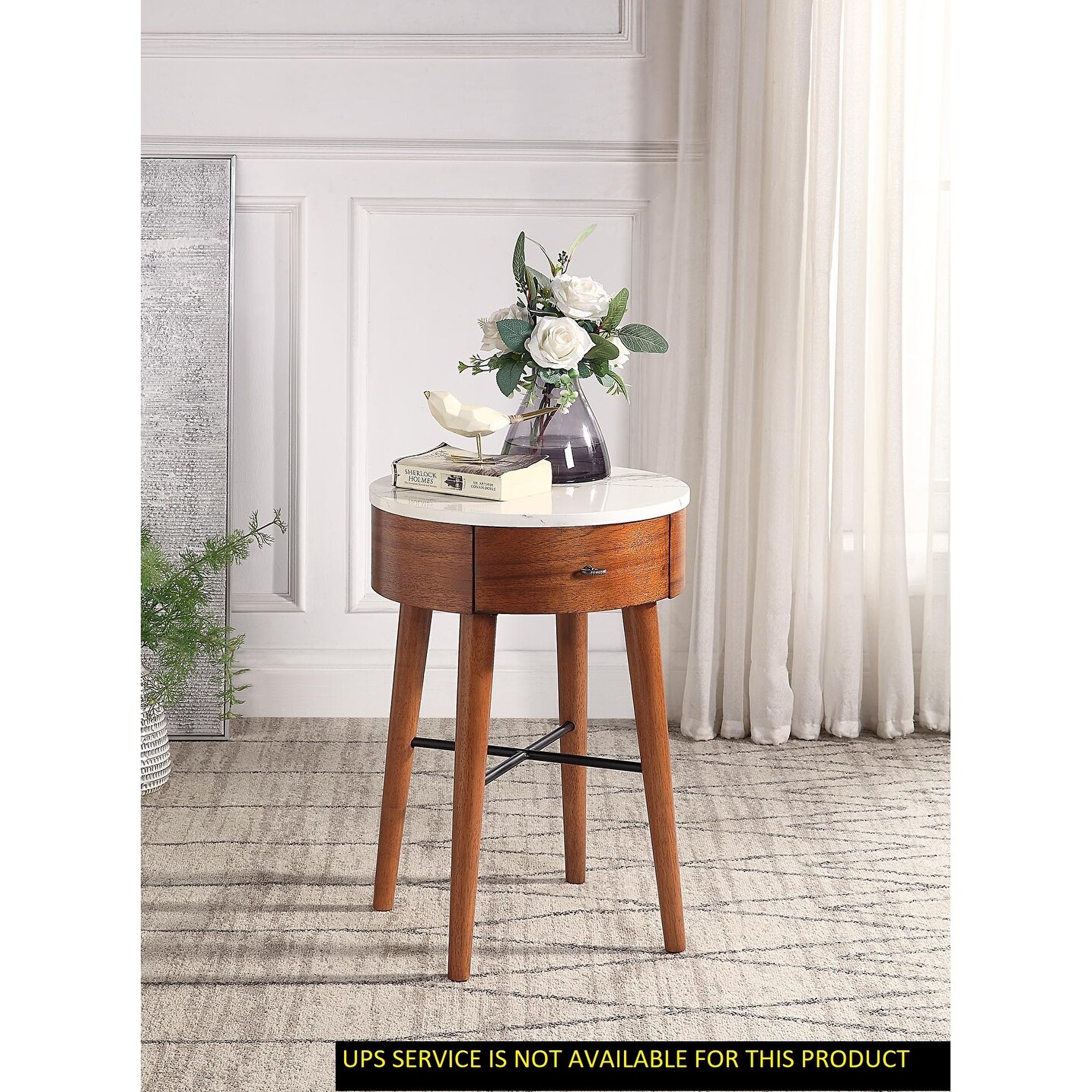 Walnut Finish with Faux Marble and Drawer Shelf Living Room Furniture Round Side Table for Den， Bedroom， or Living Room - Mycitystee