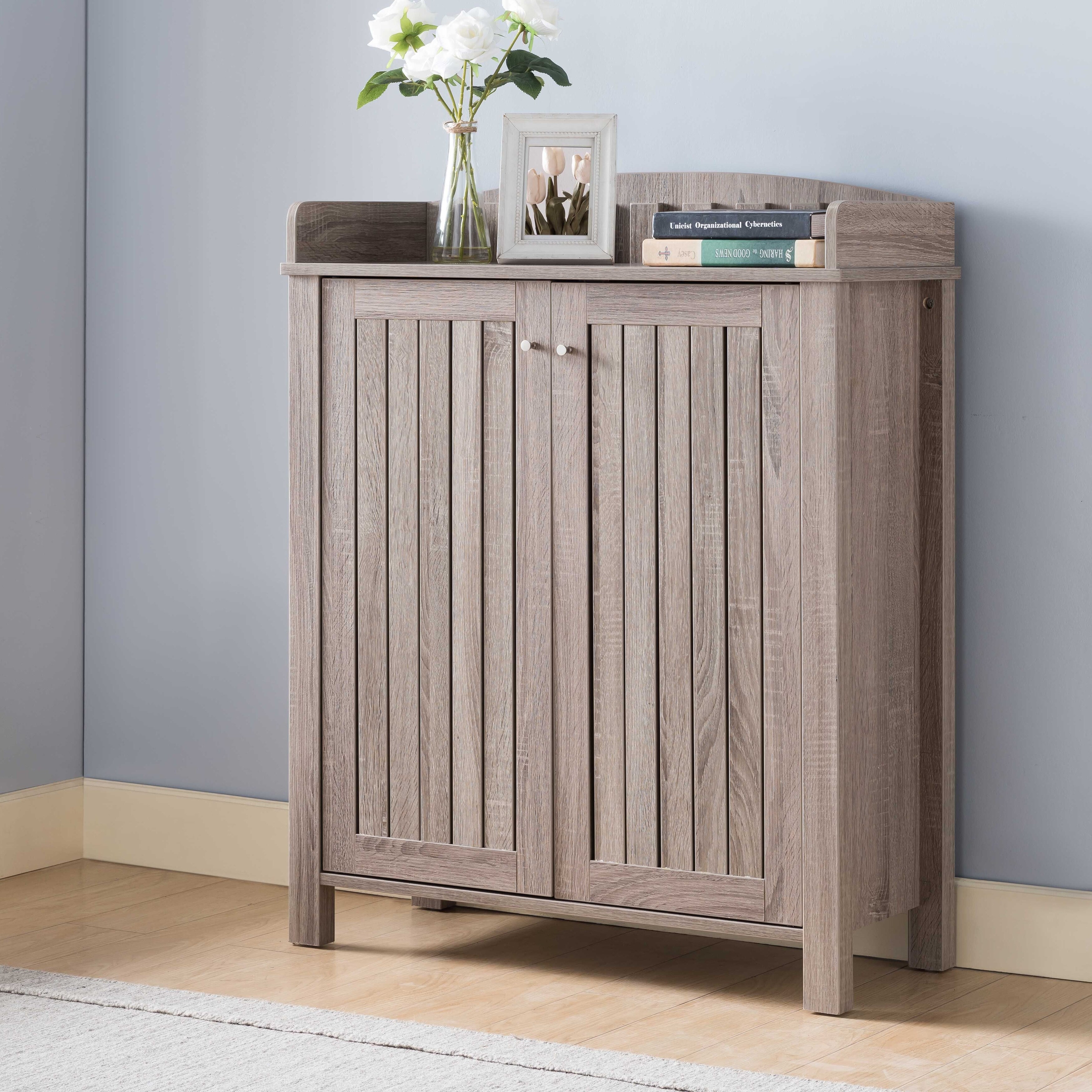 Q-Max Shoe Cabinet Featuring a Two Door Cabinet with Four Shelves Fit for 15 Pairs of Shoes finished in Dark Taupe - - 32813414 - Mycitystee