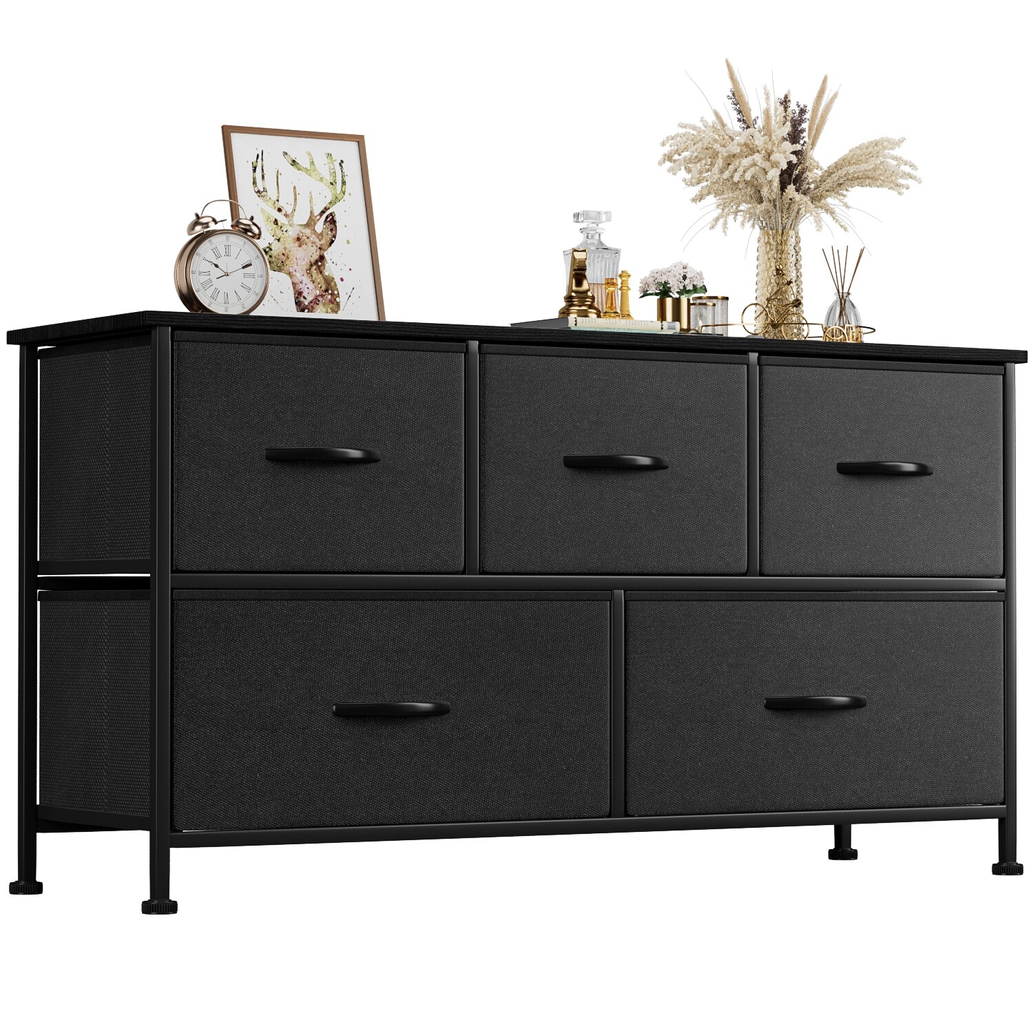 Furniwell 5 Drawer Fabric Dresser Wide Chest Of Drawers， Black - - 37186889 - Mycitystee
