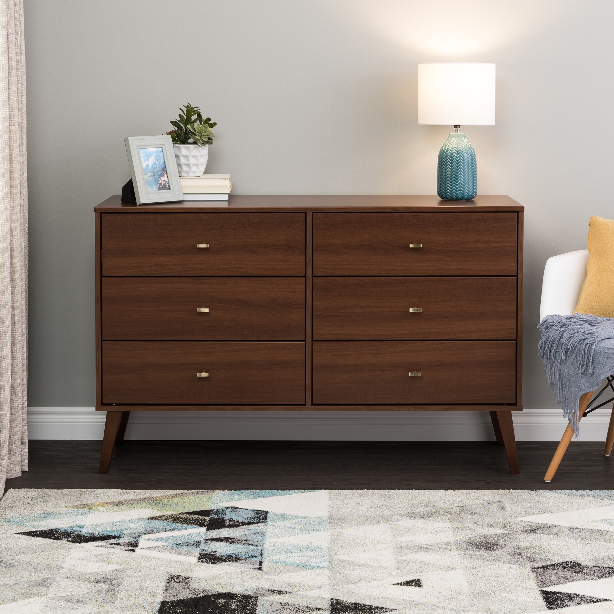 Milo Mid Century Modern 6-Drawer Double Dresser， Cherry - - 36139123 - Mycitystee