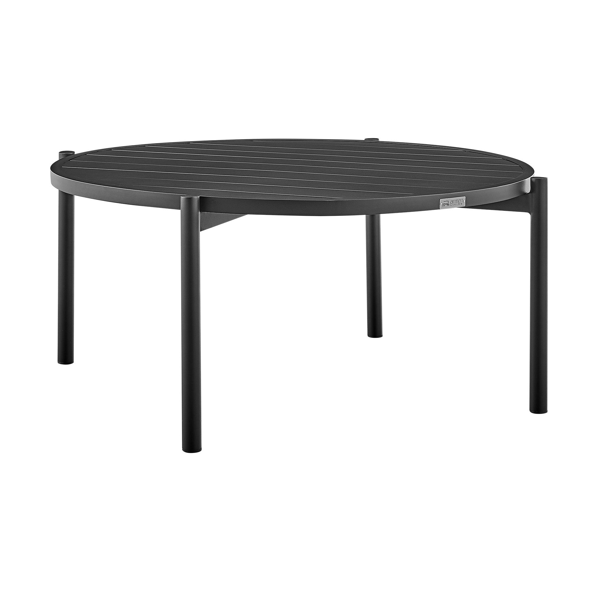 42 Inch Round Patio Coffee Table， Aluminum Frame， Slatted Surface， Black - Mycitystee