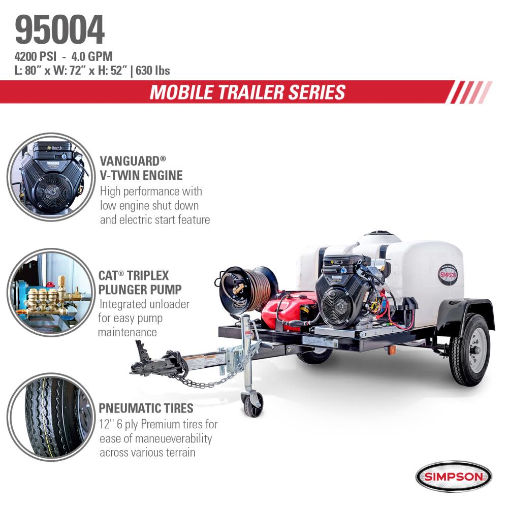 Simpson Cold Water Professional Gas Pressure Washer Trailer 4200 PSI - 49 State Certified - Mycitystee