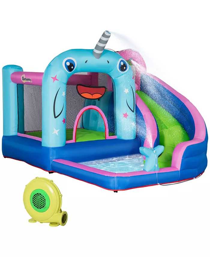 Outsunny Narwhal 5-in-1 Large Inflatable Bounce House， Inflatable Water Slide - Mycitystee