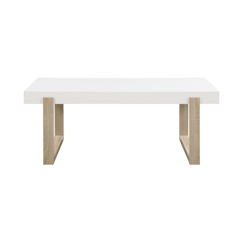 Rectangular Coffee Table with Sled Base in High Gloss White and Natural - Mycitystee