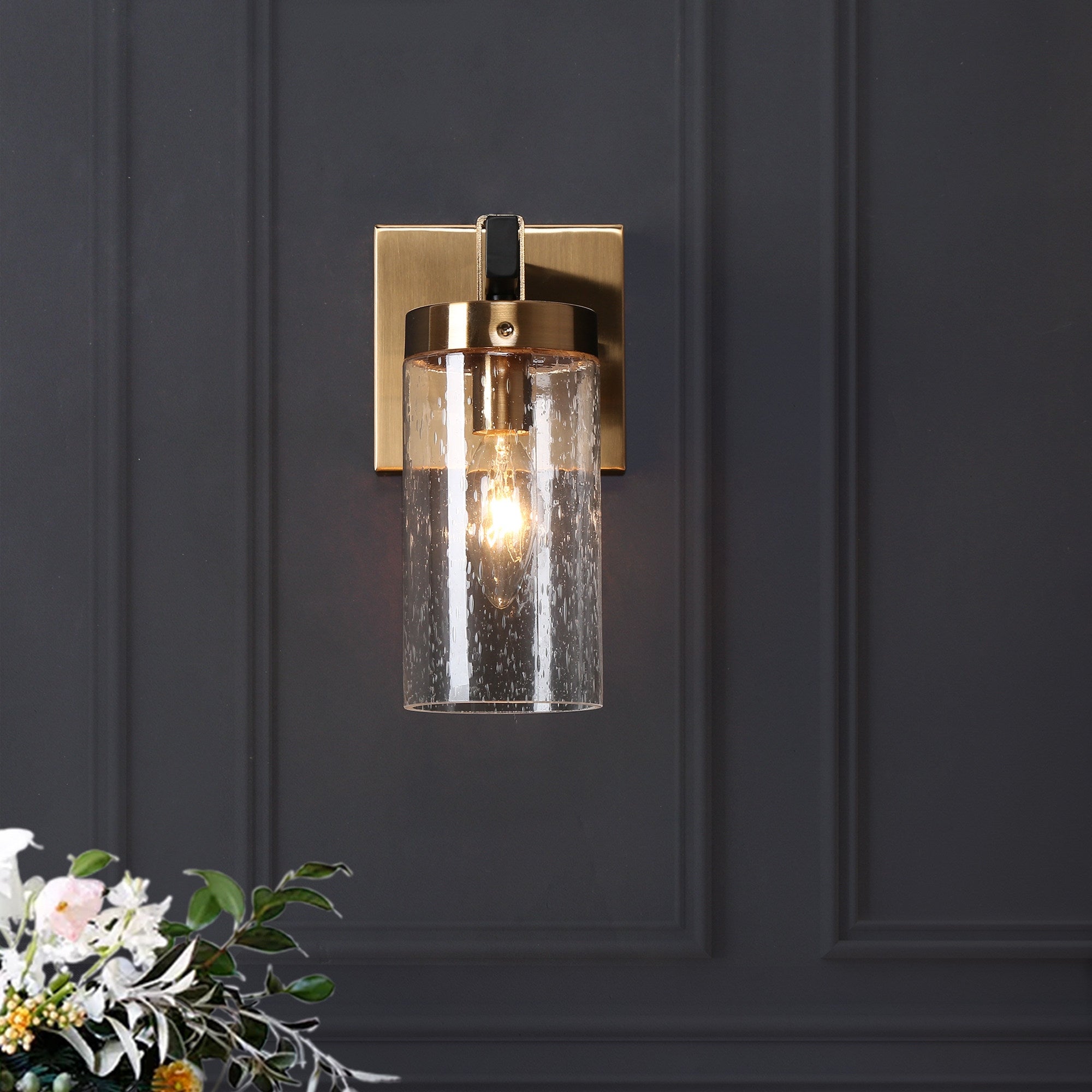 Yilia Modern Black Gold 1-Light Seeded Glass Wall Sconce Bathroom Vanity Lights - Mycitystee