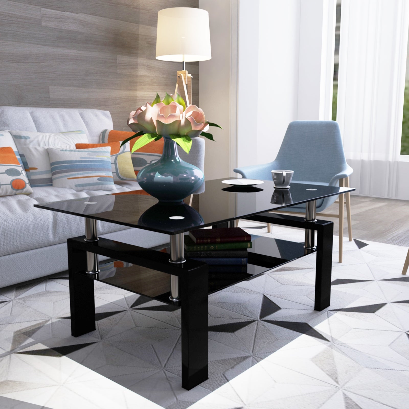Rectangle Black Glass Coffee Table， Clear Coffee Table，modern Side Center Tables For Living Room， Living Room Furniture - Mycitystee