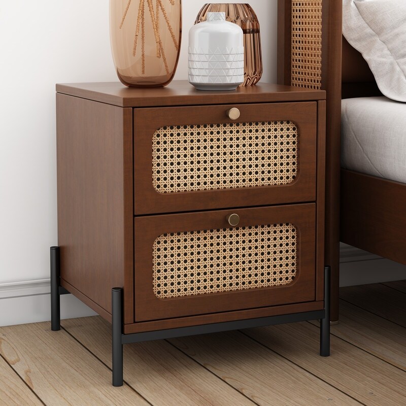 Rattan Wood Closet 2-Drawer Side Table End Table Nightstand，Walnut - - 37927491 - Mycitystee