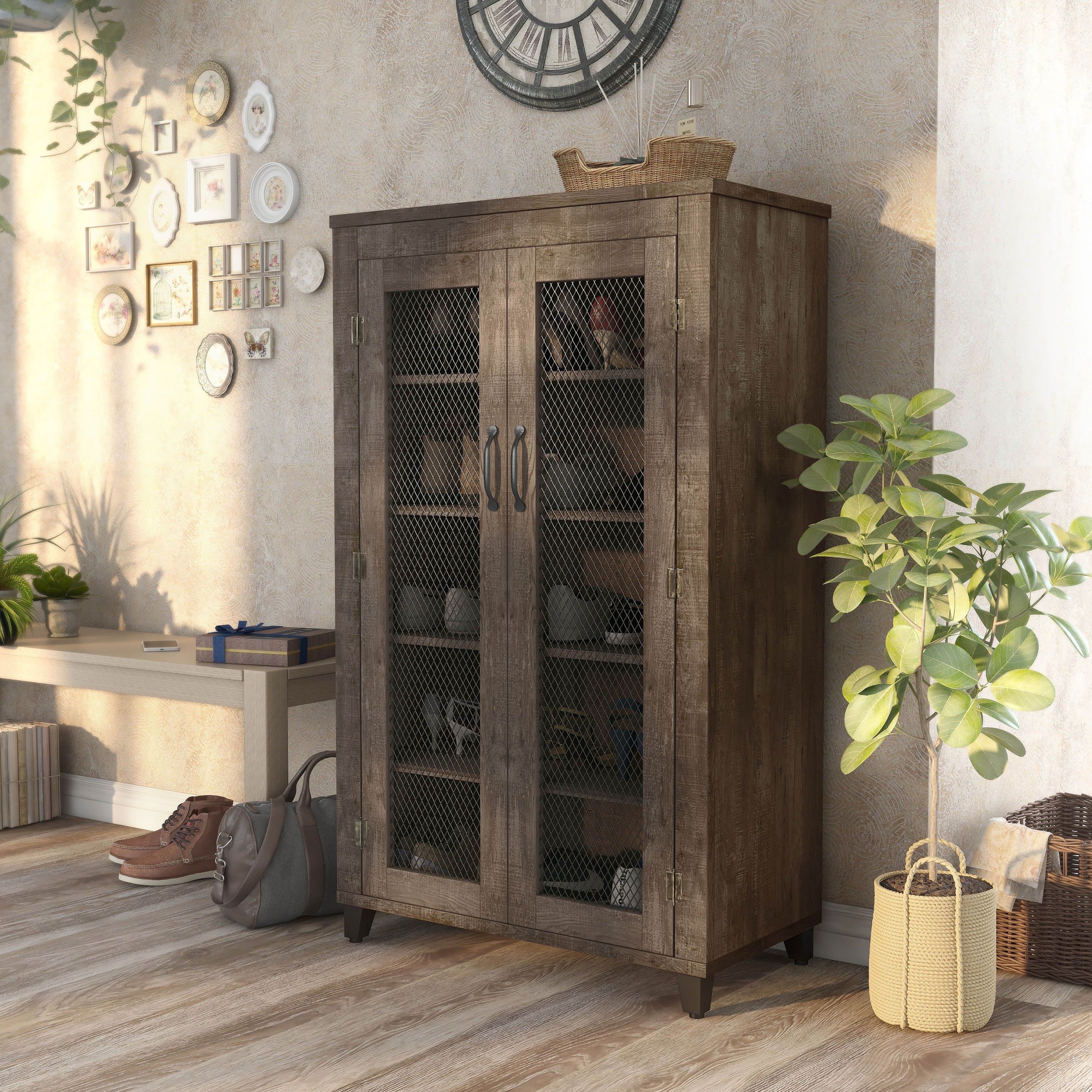 DH BASIC Rustic 5-shelf Reclaimed Oak Shoe Cabinet by Denhour - - 31091197 - Mycitystee