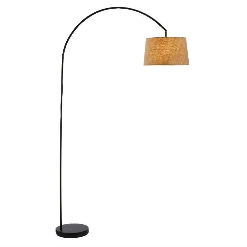 Modern Arching Floor Lamp in Matte Black with Taupe Burlap Fabric Drum Shade - 60 x 15 x 83 inches - Mycitystee