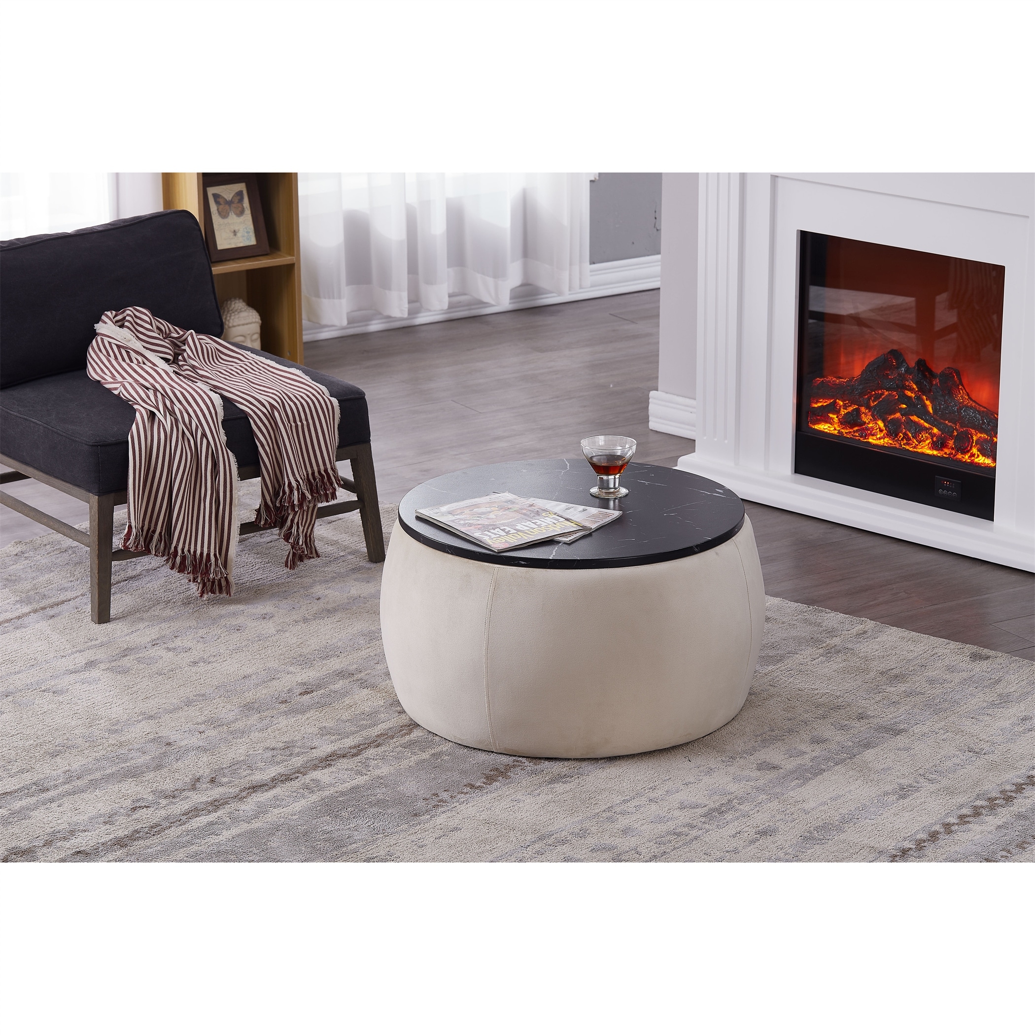 Round Coffee Table Storage Ottoman with Wooden Lid - Mycitystee