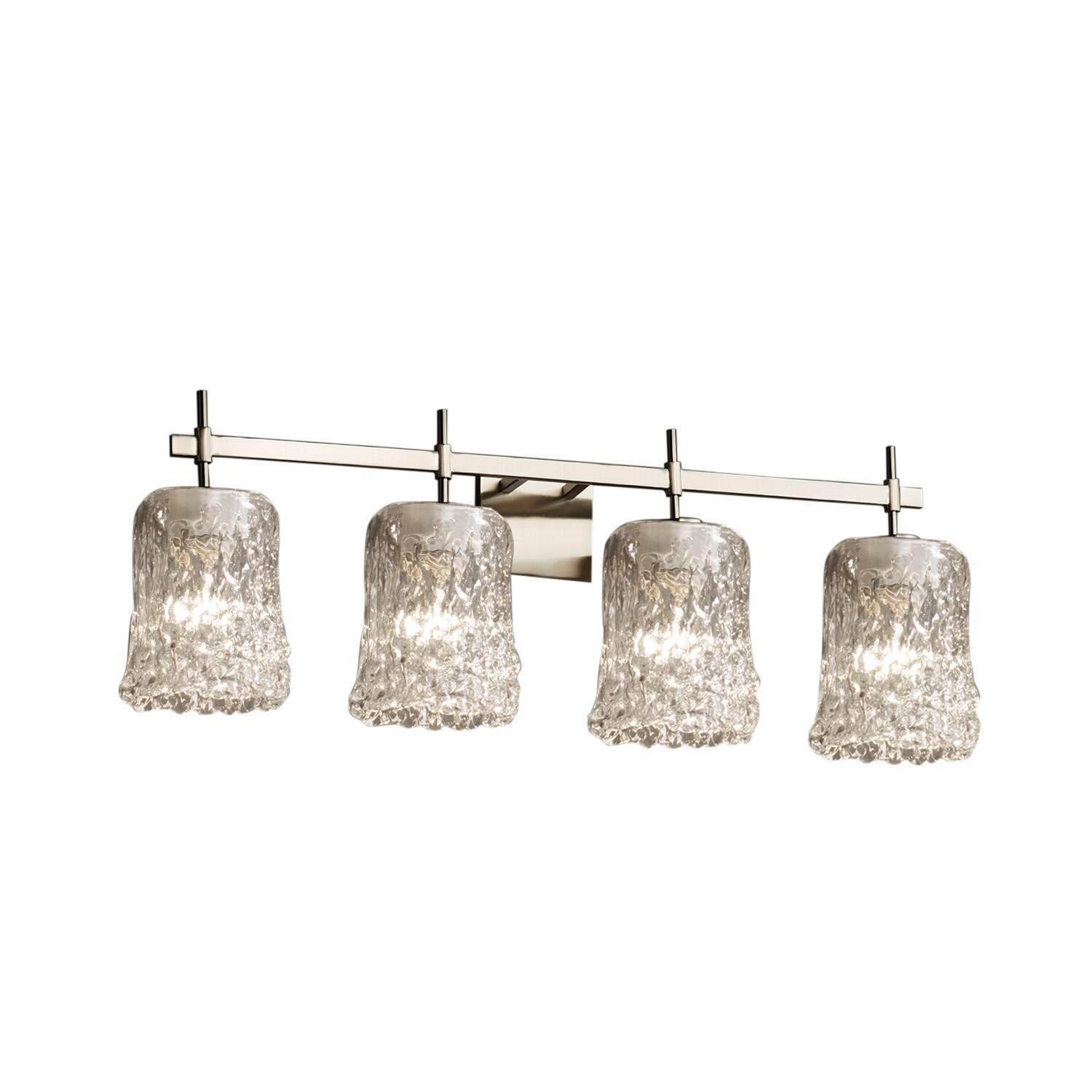 Justice Design Veneto Luce Union 4-light Brushed Nickel Bath Bar， Clear Textured Cylinder - Rippled Rim Shade - Mycitystee