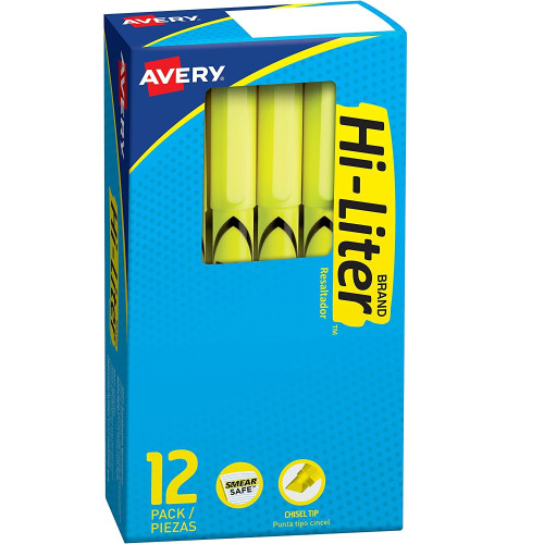 Avery HI-LITER Pen-Style Highlighters， Fluorescent Yellow Ink， Chisel Tip， Yellow/Black Barrel， Dozen (23591) - Mycitystee
