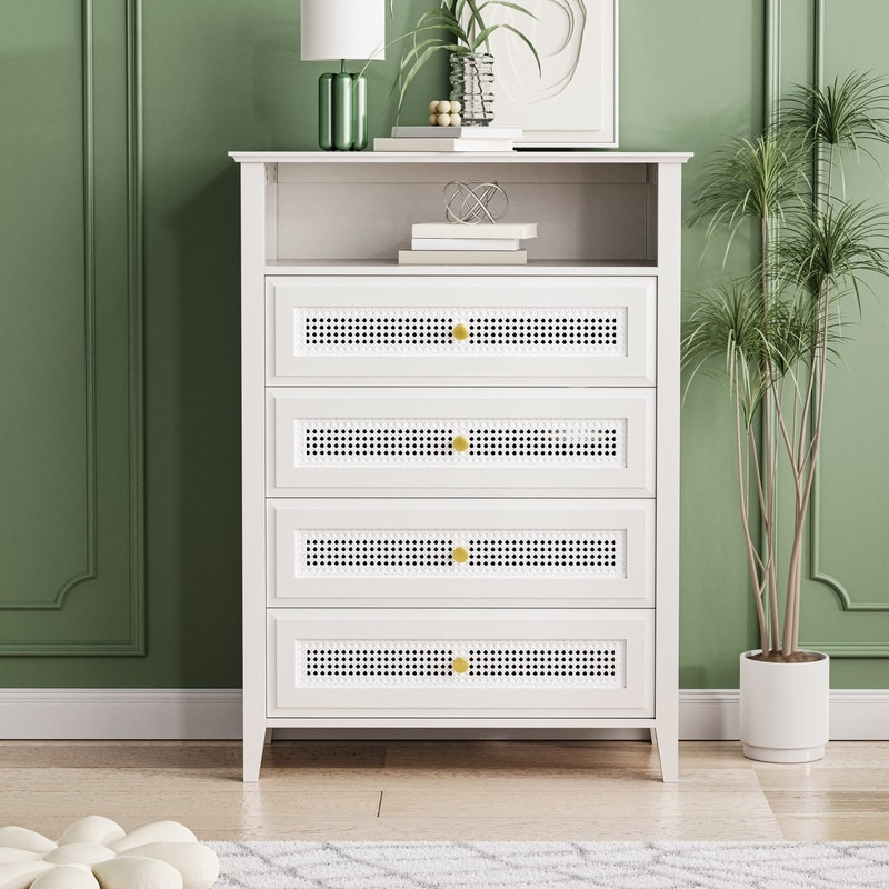 Retro Style 4-Drawer Dresser with Metal Handles， Chest of Drawers with Rattan Panels， Vintage Design Cabinet for Bedroom - - 37952487 - Mycitystee