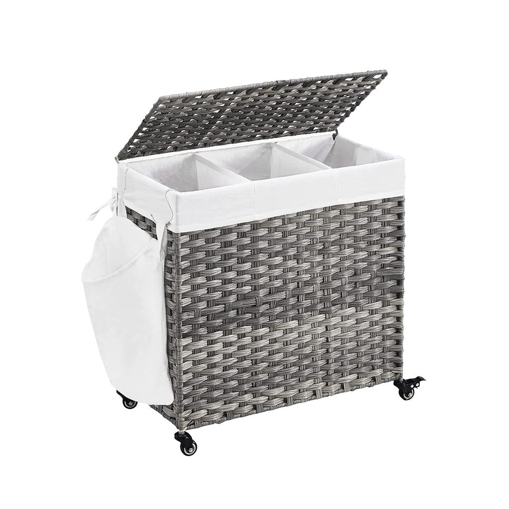SONGMICS Handwoven Laundry Basket with Wheels & 3 CompartmentsGray - Mycitystee