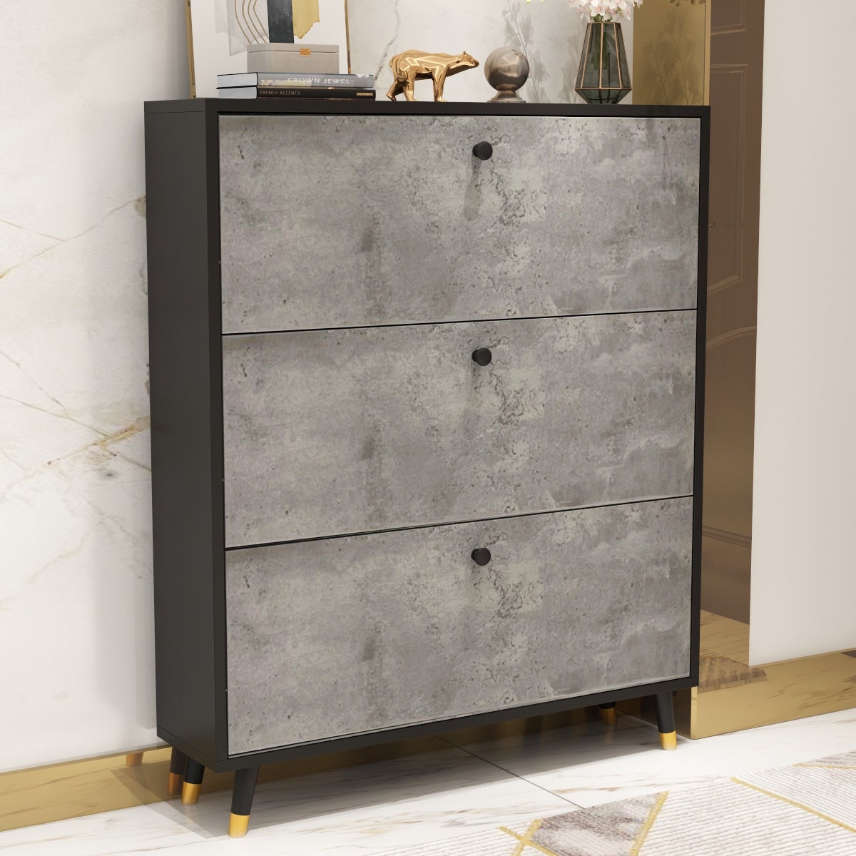 FAMAPY 39.4-inch Grey Entryway Shoe Storage Cabinet with 3 Drawers - - 35424467 - Mycitystee
