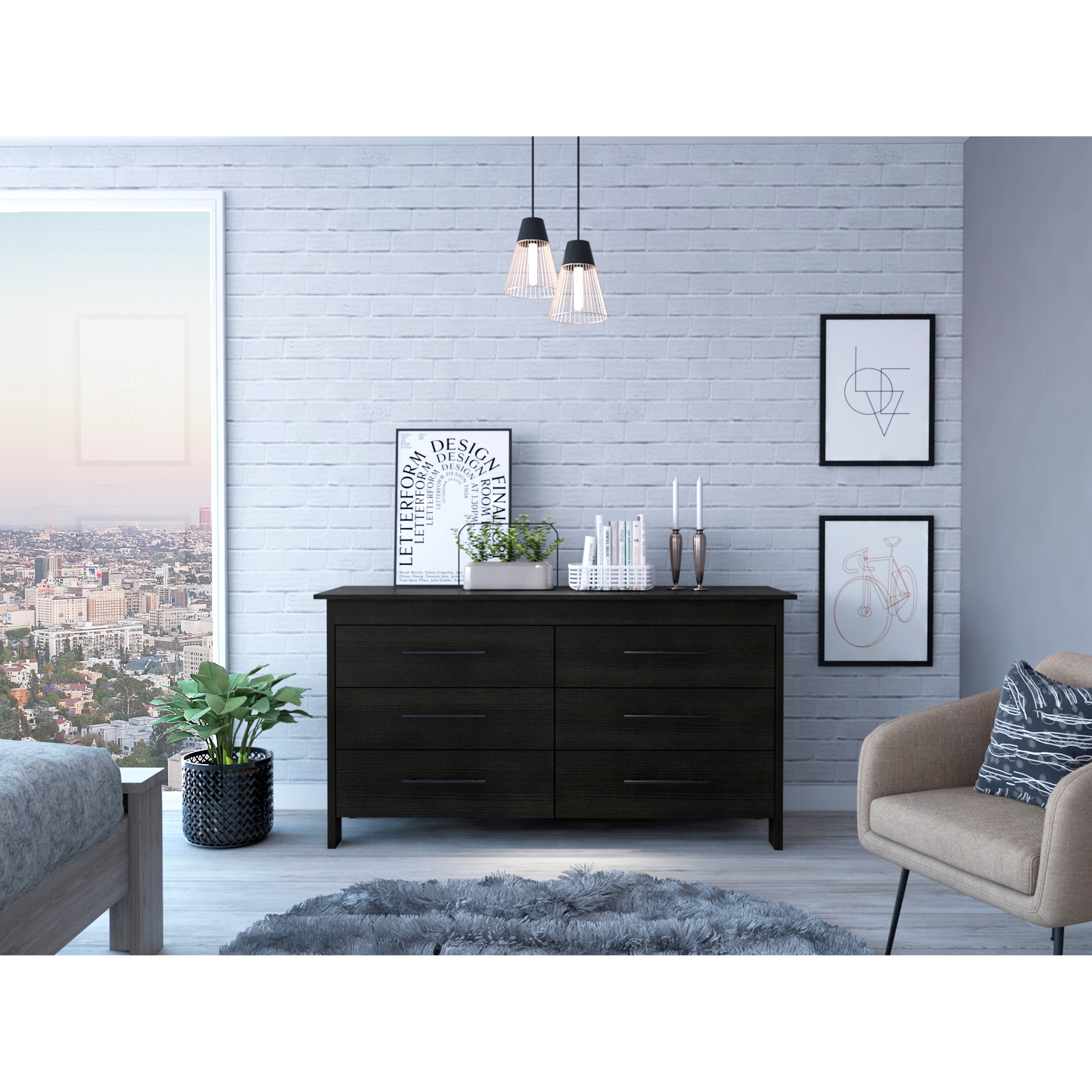 FM FURNITURE Luxor 6 Drawer Double Dresser with Roller Guides， Metal Pulls， 4 Legs - - 33737479 - Mycitystee