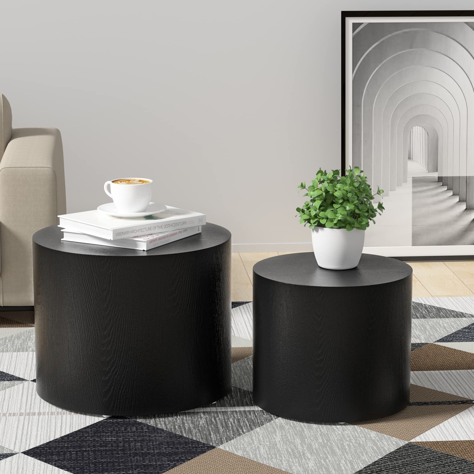 Nesting Side End Tables Set of 2， Black Round Minimalist Coffee Table， Nightstands - as picture - Mycitystee