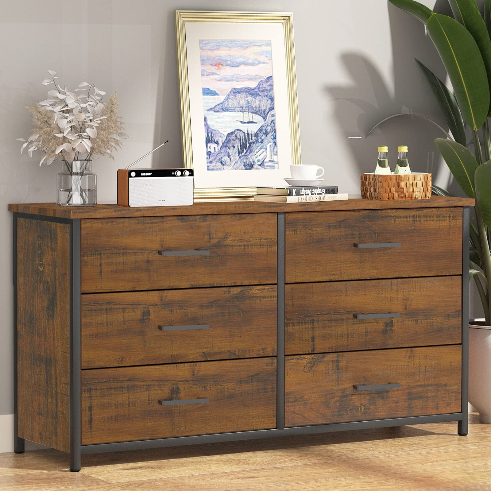 6 Drawer Double Dresser， Industrial Wood Dresser for Bedroom， Sturdy Steel Frame… - as picture - - 37668328 - Mycitystee