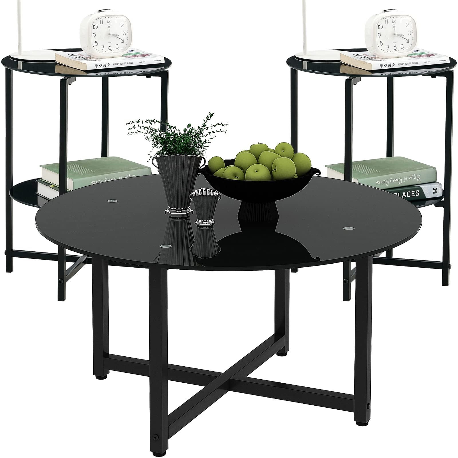 Black Glass Round Coffee Table Set of 3 Piece， Coffee Table and End Table Sets， Living Room Table Set of 3， Metal Frame - Mycitystee
