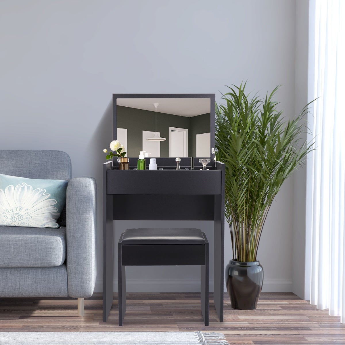 Makeup Dressing Table with Flip Top Mirror and Cushioned Stool - - 37963373 - Mycitystee