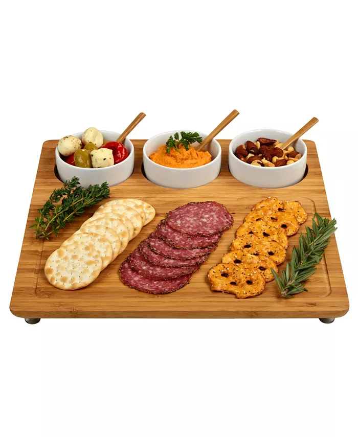 Picnic At Ascot Entertainer Bamboo Cheese Board Platter with 3 Ceramic Bowls - Mycitystee
