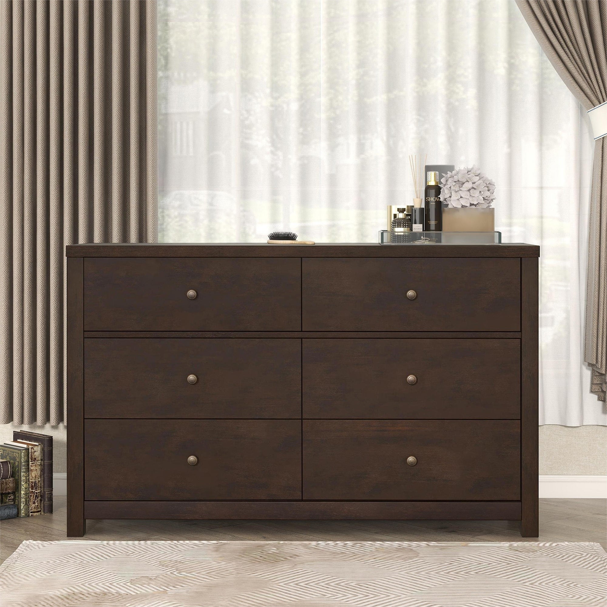 Vintage Aesthetic Solid Wood 6 Drawer Double Dresser in Rich Brown (mirror not included) - - 37749717 - Mycitystee
