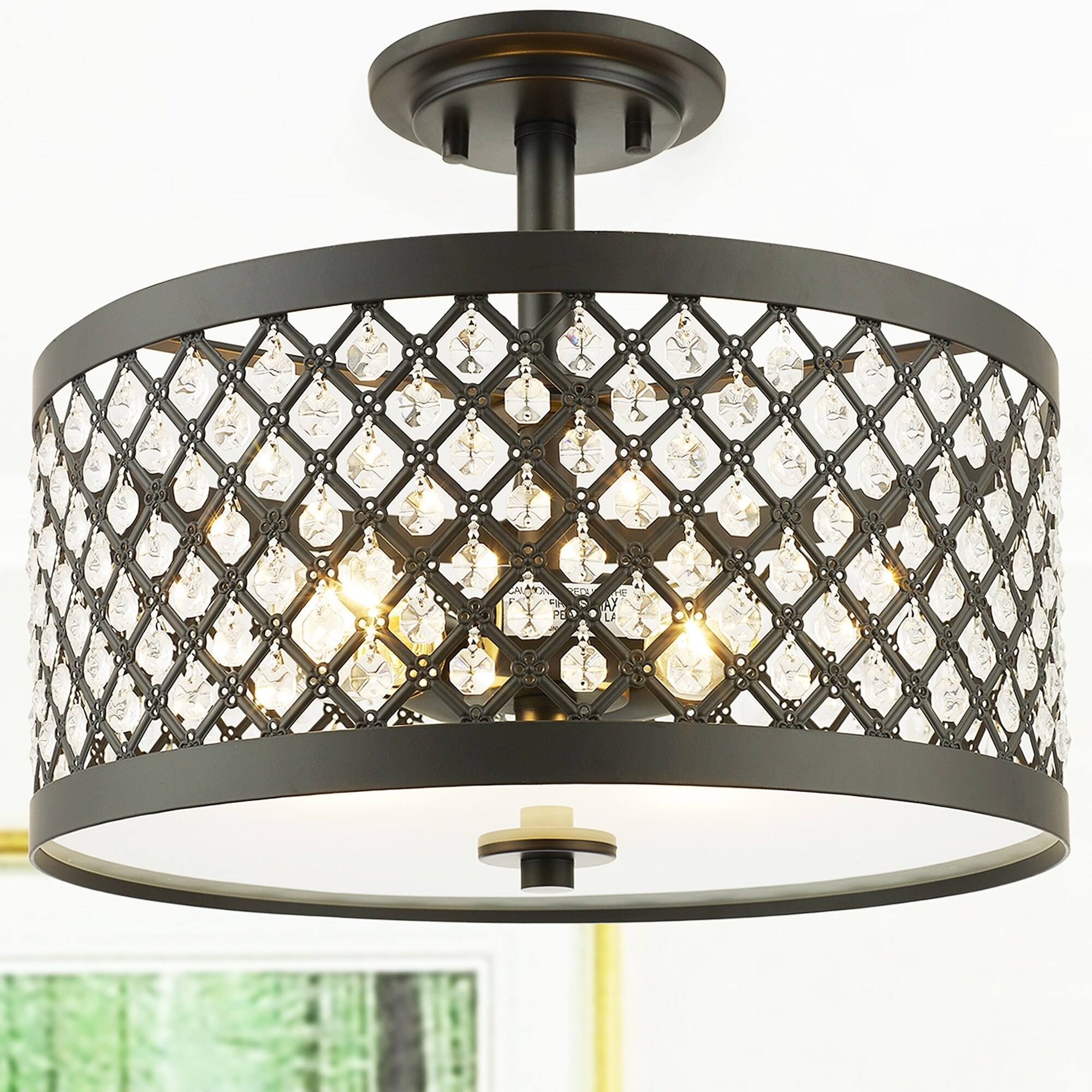 Shexel Oil Rubbed Bronze 3-light Semi-Flushmount Ceiling Lamp with Crystal Lattice Shade - Mycitystee