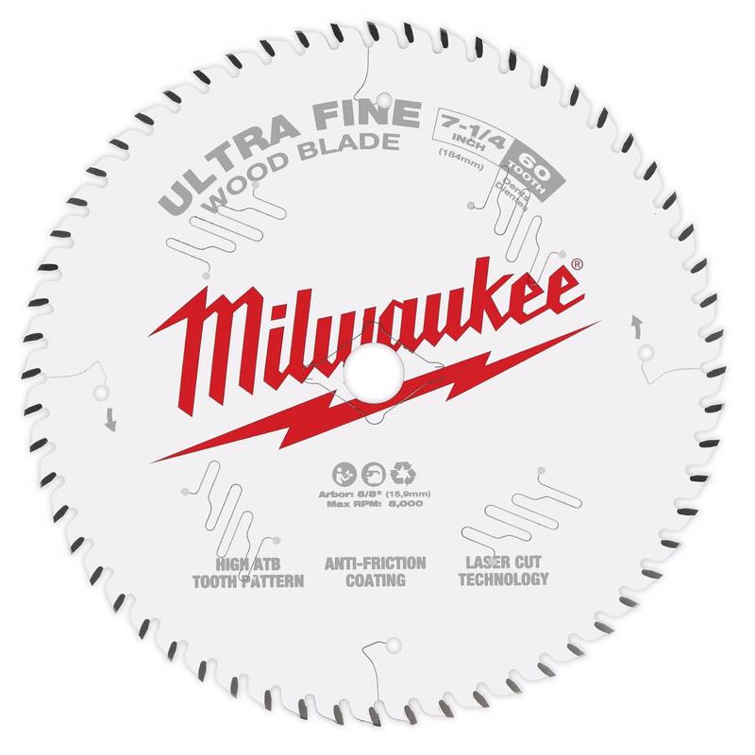 Milwaukee 7-1/4 in. D X 5/8 in. Ultra Fine Tungsten Carbide Saw Blade 60 teeth 1 pk - Mycitystee