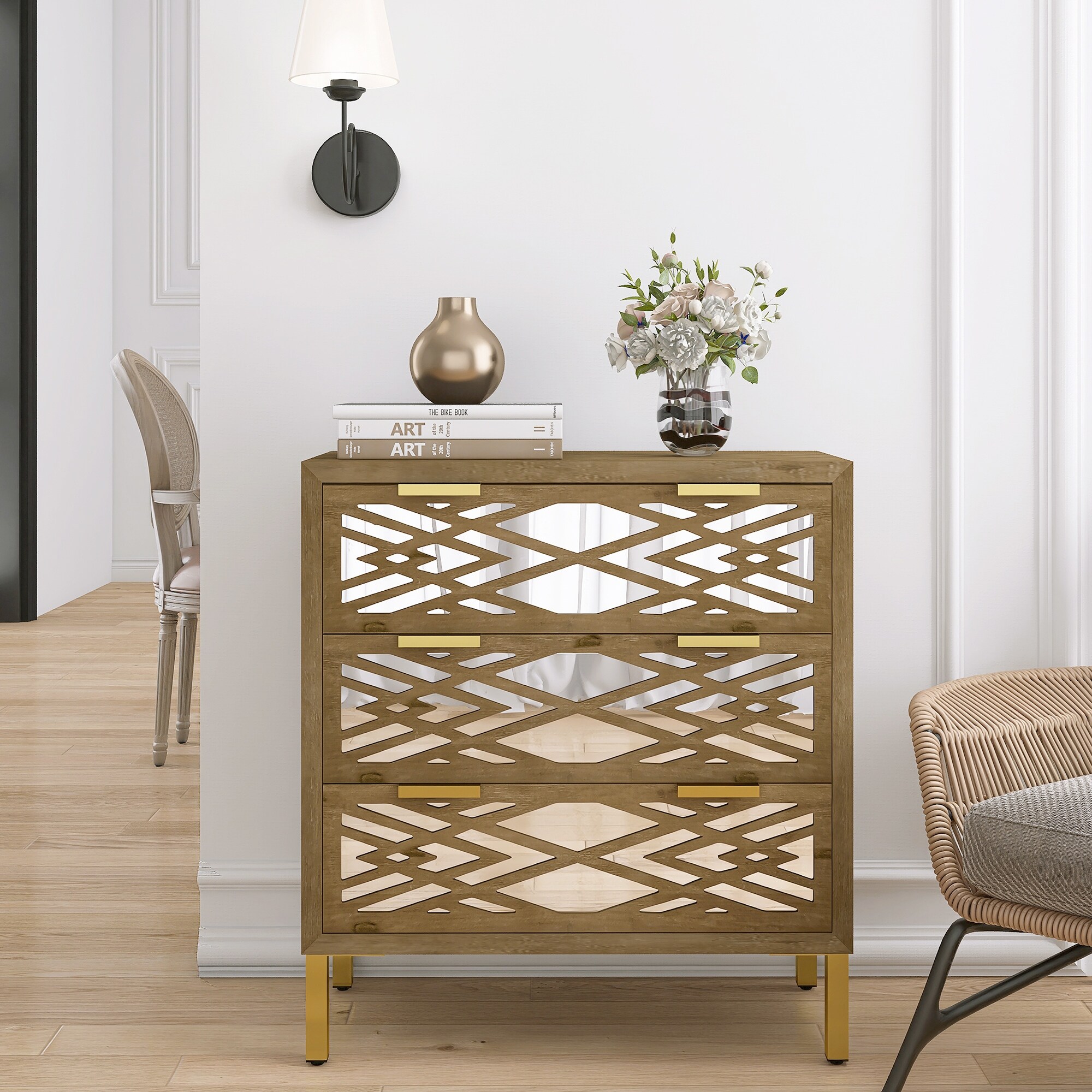 Wooden Storage Cabinet with 3 Drawers， Vintage Mirrored Cabinet in Natural - - 37857280 - Mycitystee