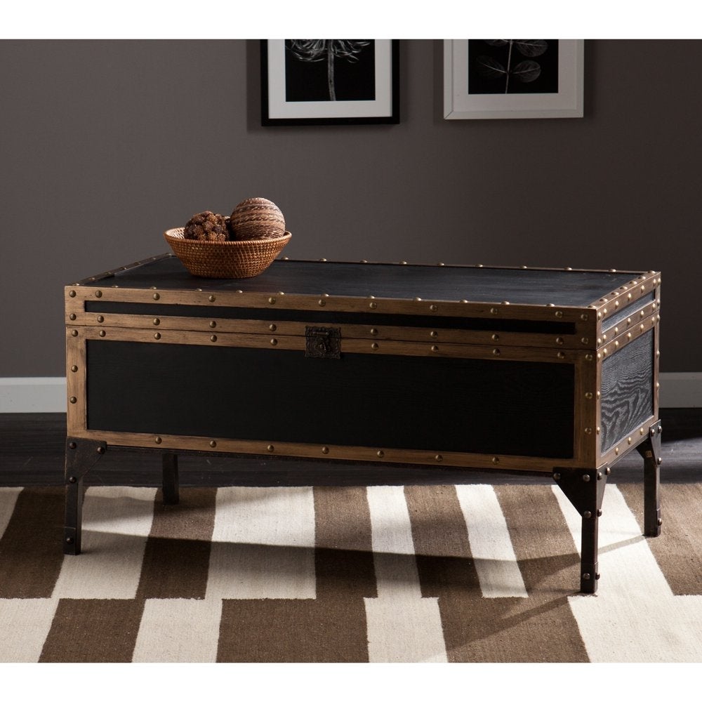 Charles Vintage Travel Trunk Coffee Table， Black and Bronze - as show - Mycitystee
