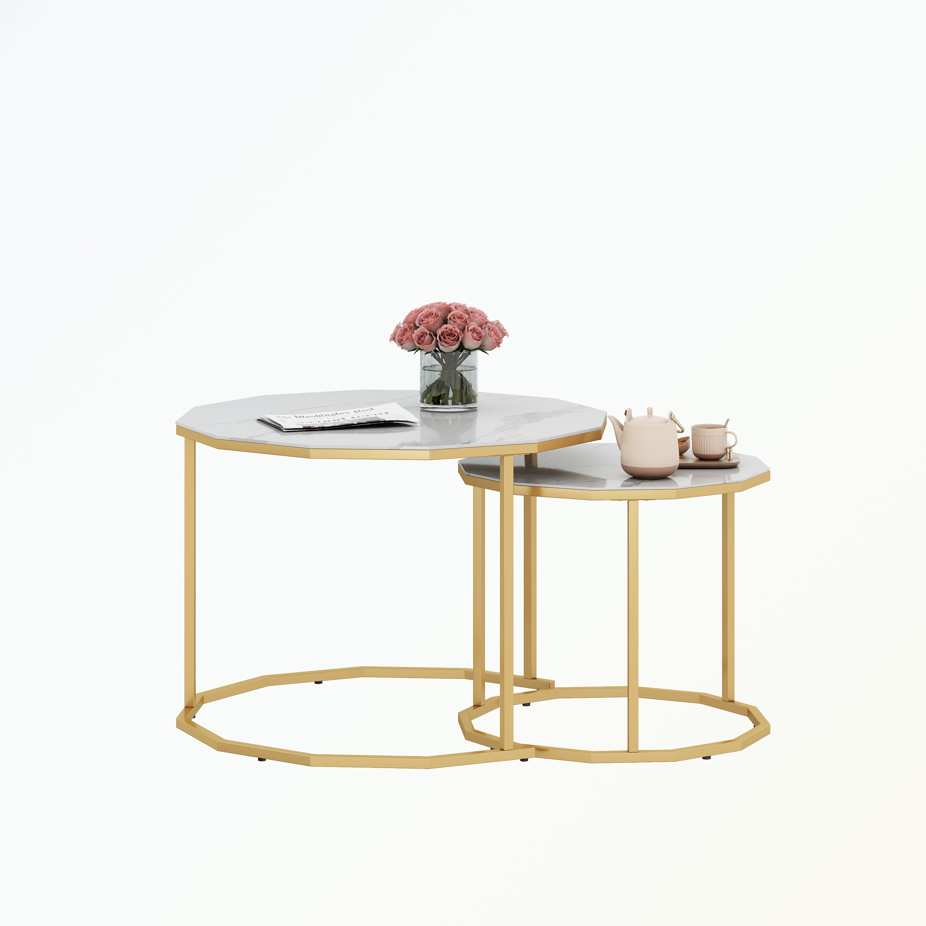 Marble Coffee Table 12-gon Shape，Artificial Marble Top and Metal Legs - Mycitystee