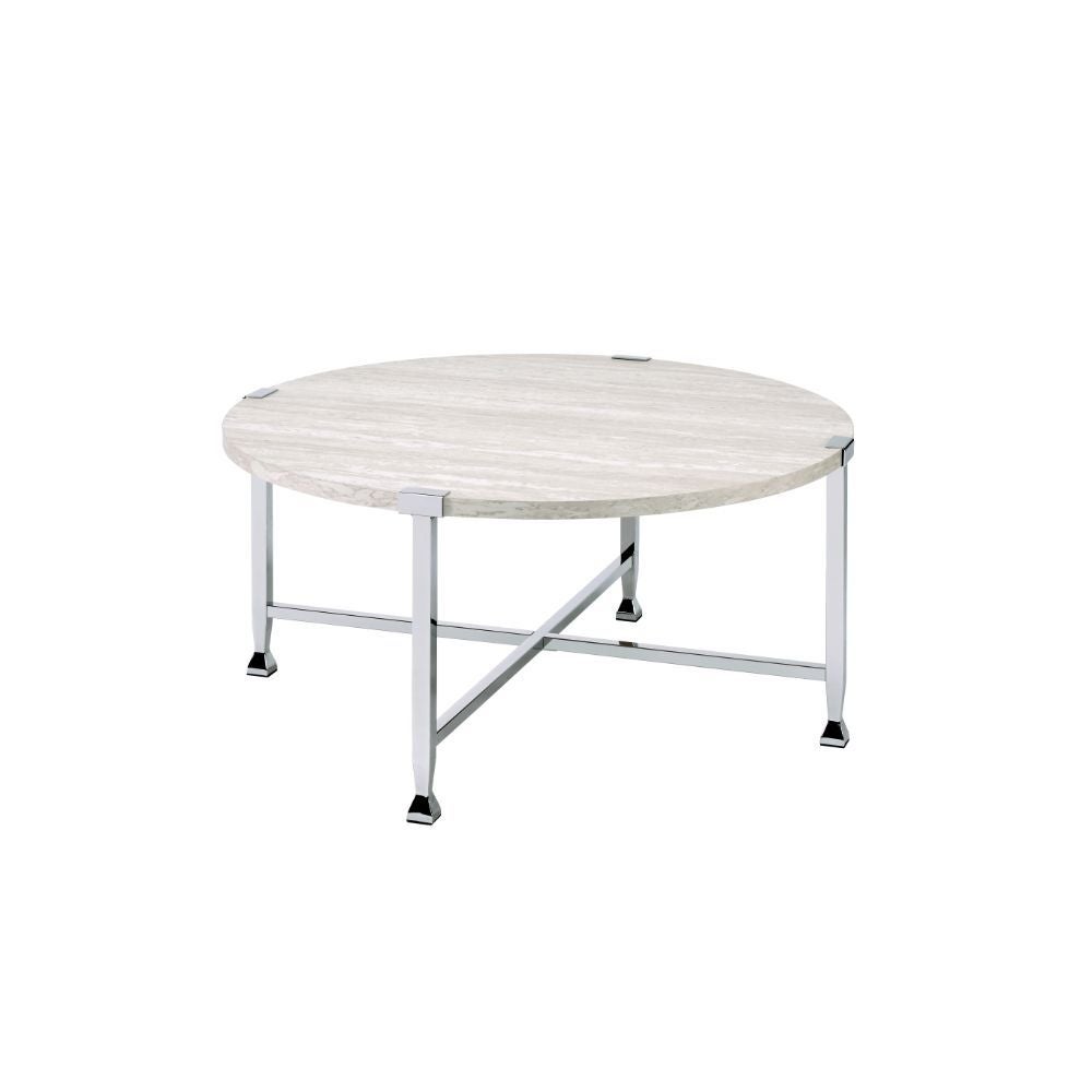 Coffee Table， White Oak andChrome Round Coffee Table : NO Storage Wooden Top， Metal Frame Leg with X-Shape Support Wooden Top - Mycitystee