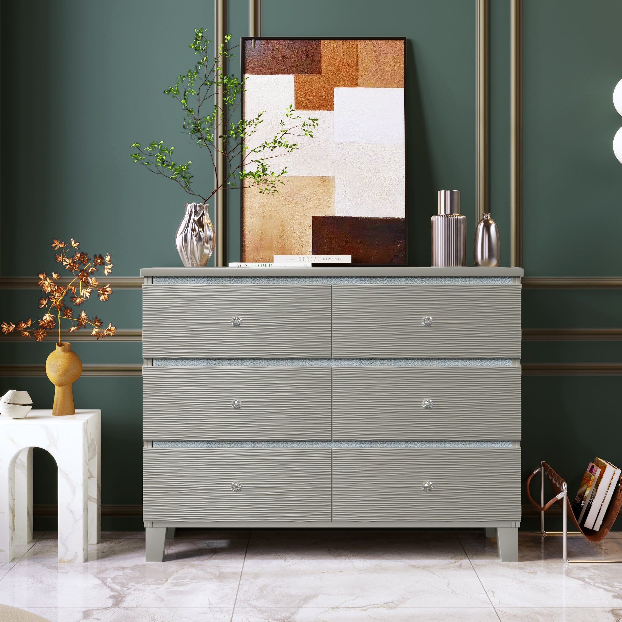Champagne Silver Rubber Wood Dresser with 6 Drawers - - 37570172 - Mycitystee