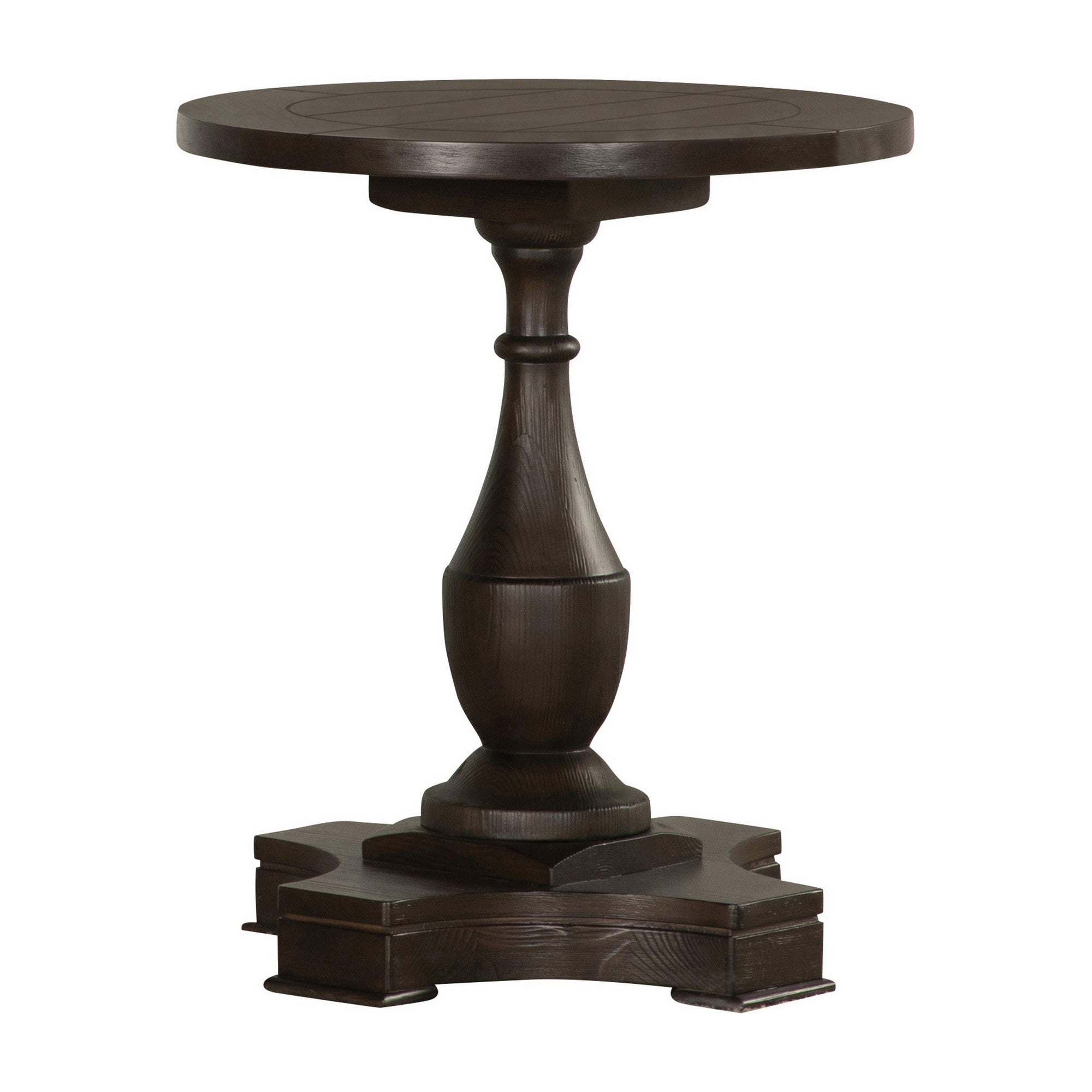 Aria 24 Inch Side End Table， Round Plank Top， Turned Pedestal， Dark Brown - Mycitystee