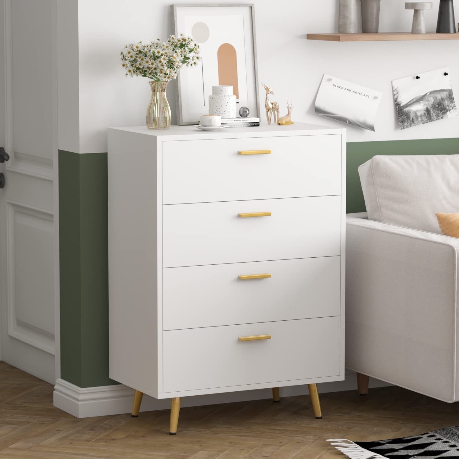 4 Drawer Dresser， Chest of Drawers with Gold Metal Legs， Wood Dresser Storage Chest Drawers for Bedroom， Living Room - - 37668419 - Mycitystee