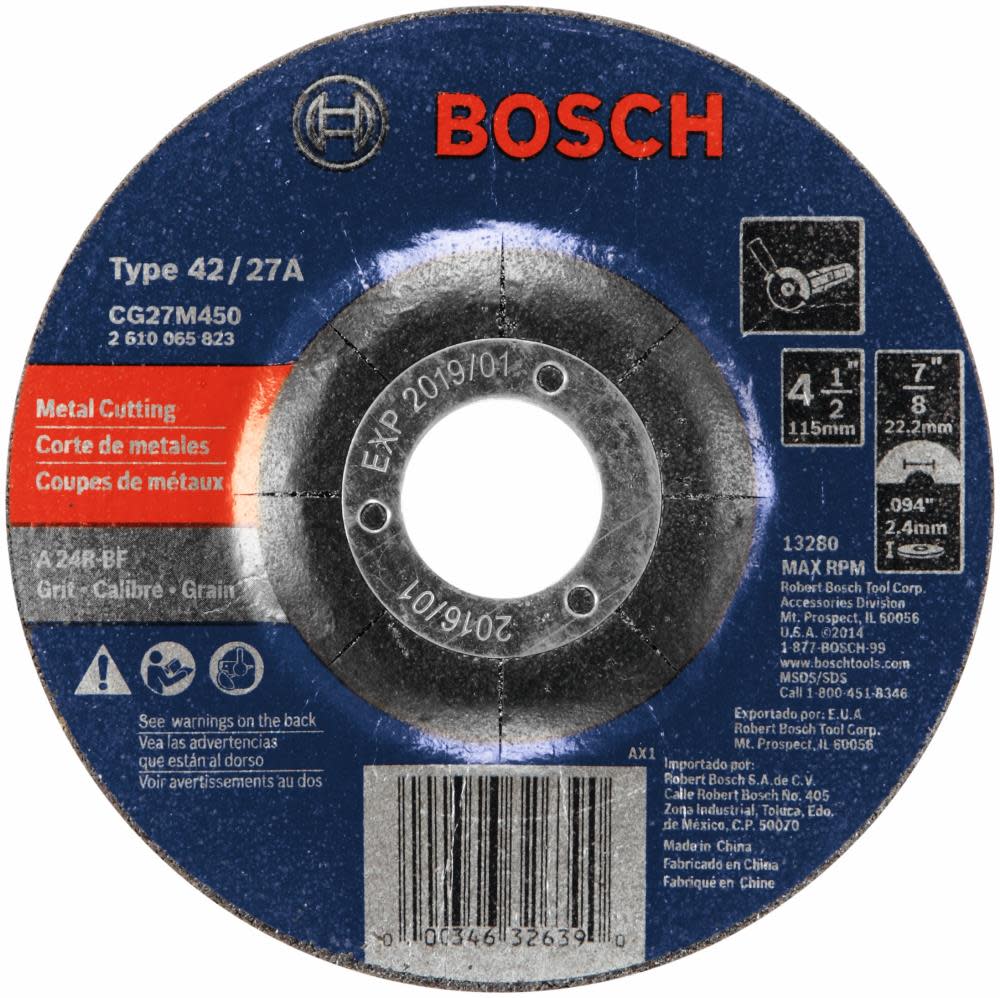 Bosch 4-1/2 In. 3/32 In. 7/8 In. Arbor Type 27 24 Grit Light Grinding/Metal Cutting Abrasive Wheel CG27M450 from Bosch - Mycitystee