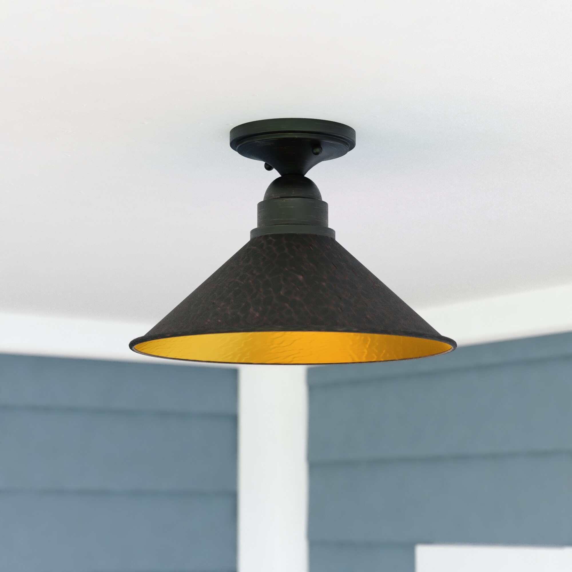 Outland Hammered Metal Bronze Rustic Outdoor Semi Flush Mount Ceiling Light - 12-in. W x 8.5-in. H x 12-in. D - Mycitystee