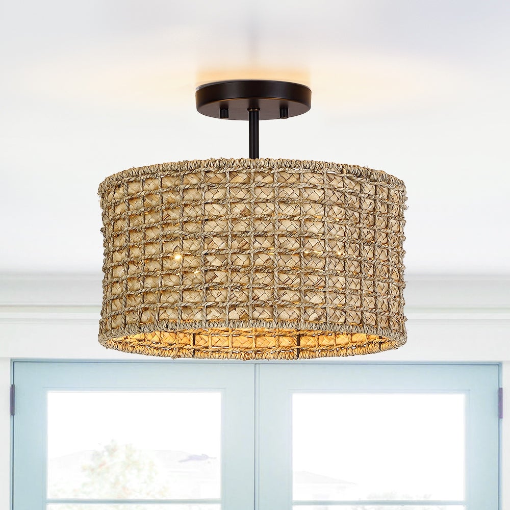 13.6 in. 2-Light Natural Rattan Semi-Flush Mount Ceiling Light with Black Canopy - Black/earthy - 13.6 in. W - 13.6 in. W - Mycitystee